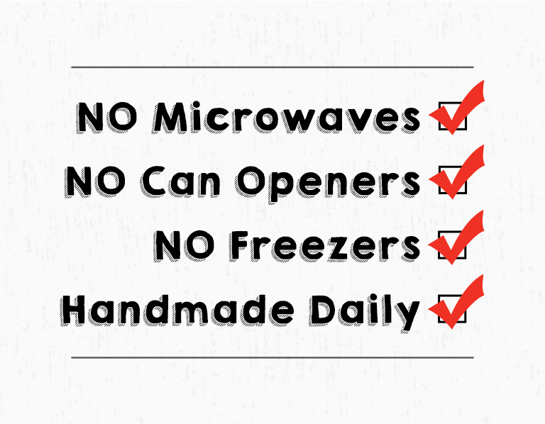 no microwaves, no can openers, no freezers, handmade daily